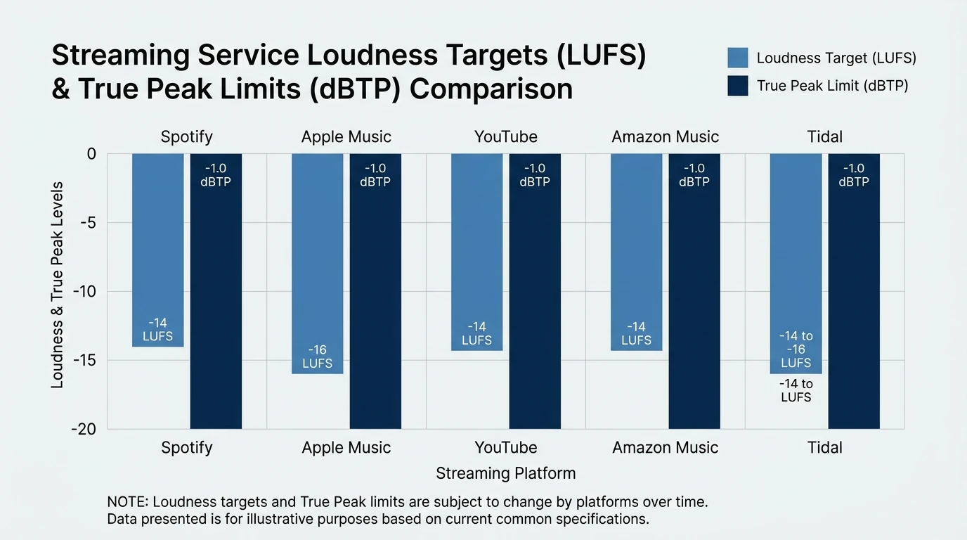 Bar chart comparing loudness targets and true peak limits for Spotify, Apple Music, YouTube, Amazon Music, and Tidal