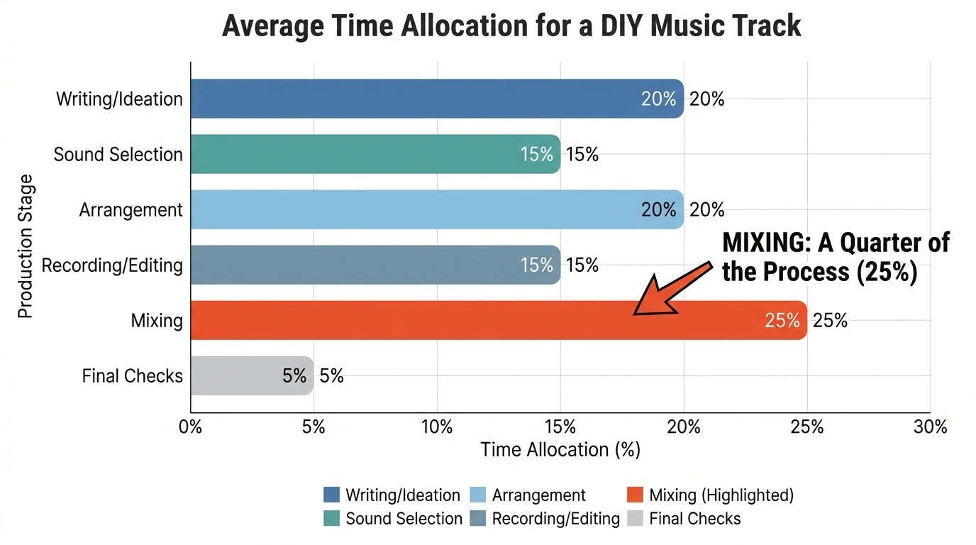Bar chart showing average time allocation for a DIY track across writing, sound selection, arrangement, recording, mixing, and final checks