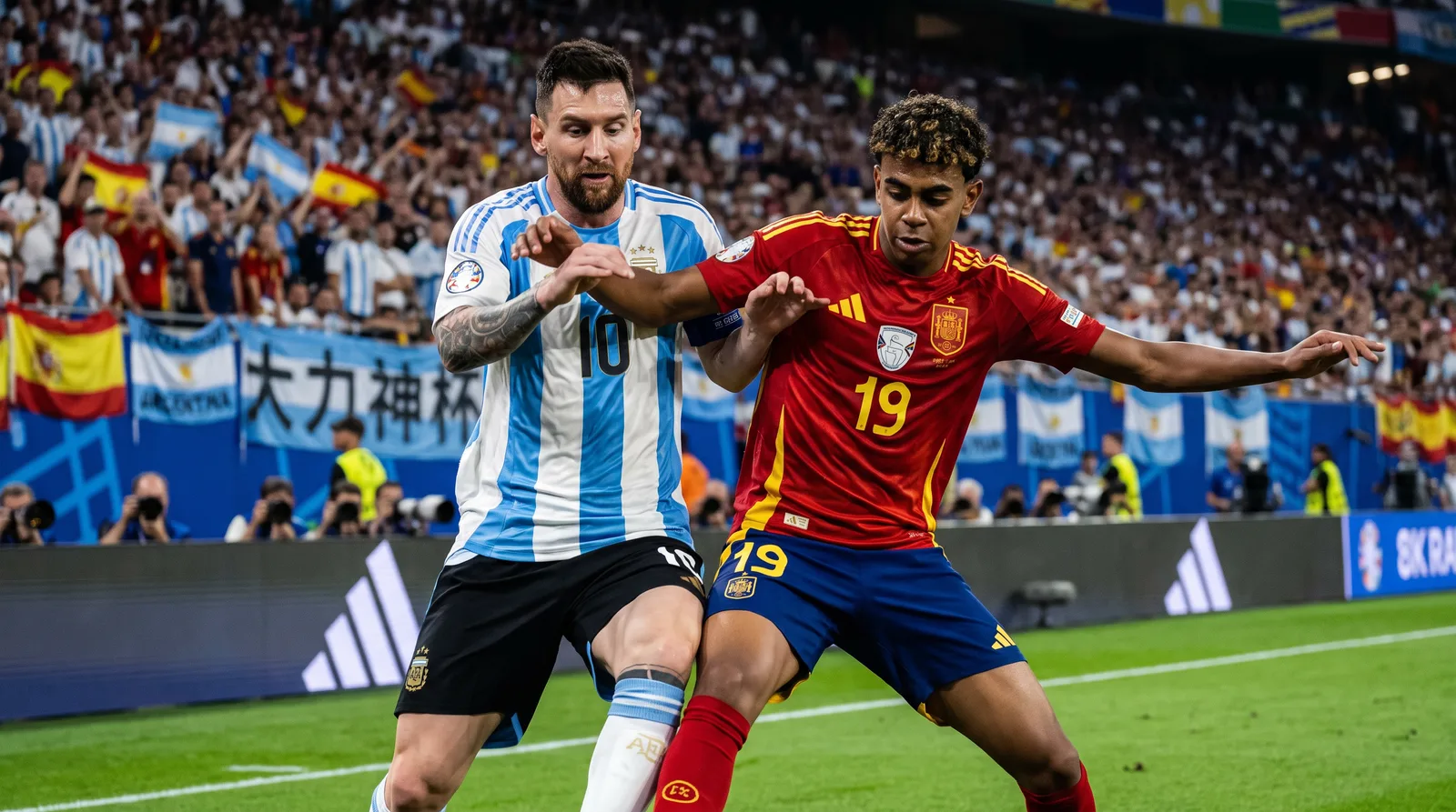 Players in red-and-gold and sky-blue-and-white kits battle for the ball in a packed World Cup stadium — the drama behind a Spain fan anthem
