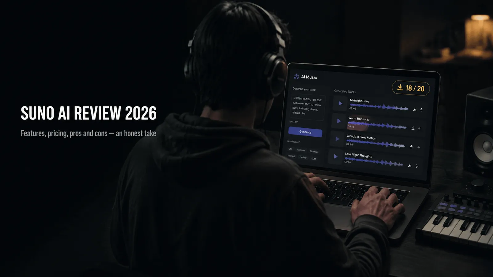 A music creator seen from behind in studio headphones at a laptop running an AI music app, a column of generated track cards on screen and a download counter badge in the corner