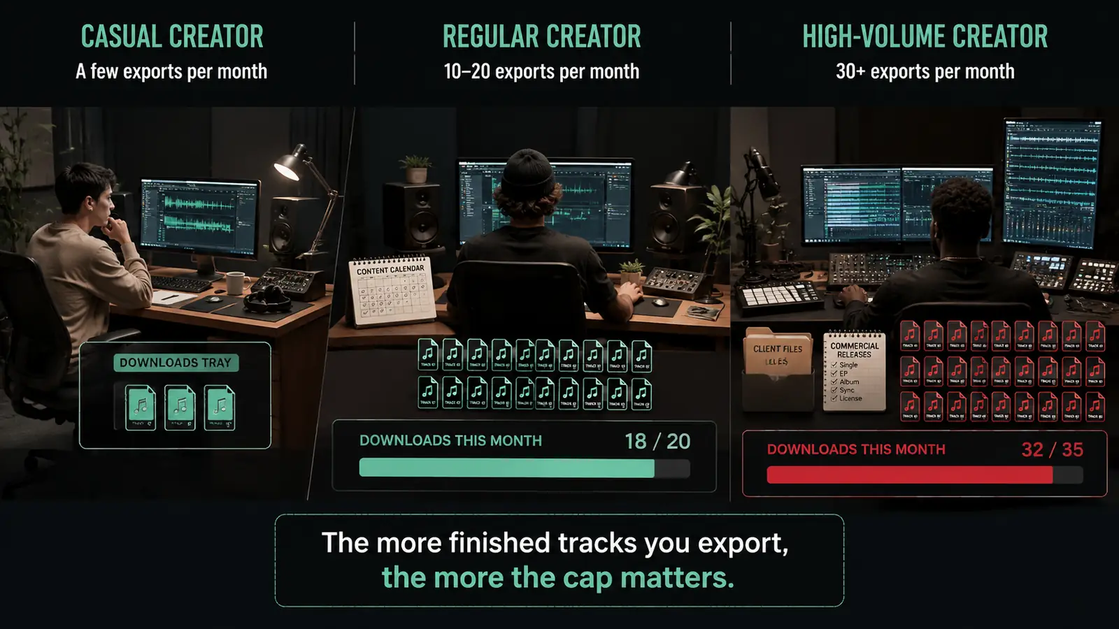 Decision flow showing how Suno download caps affect casual, regular, and high-volume music creators