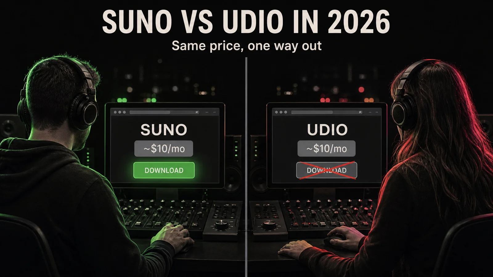 A split cover with a thin divider down the middle. On the left a man seen from behind in studio headphones, lit green, sits at a mixing desk facing a screen labelled SUNO with a price tag reading about ten dollars a month and a glowing green DOWNLOAD button. On the right a woman seen from behind in studio headphones, lit red, faces a screen labelled UDIO with the identical price tag and the same DOWNLOAD button greyed out and crossed through in red.