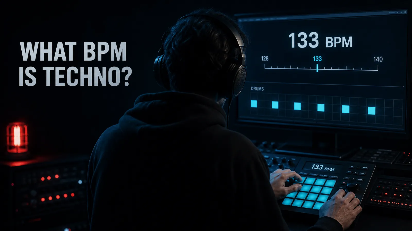 A producer seen from behind in a dark studio wearing headphones, both hands on a drum machine, with a large tempo readout on the screen ahead showing 133 BPM.