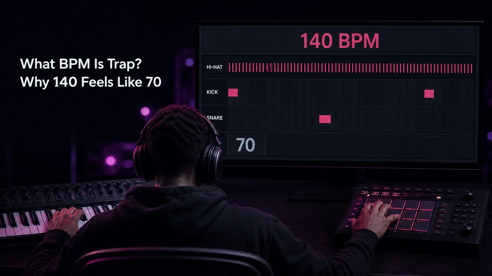 A producer seen from behind at a studio desk, a trap project open on the monitor with its tempo field reading 140 BPM and a half-time drum grid below it marked 70