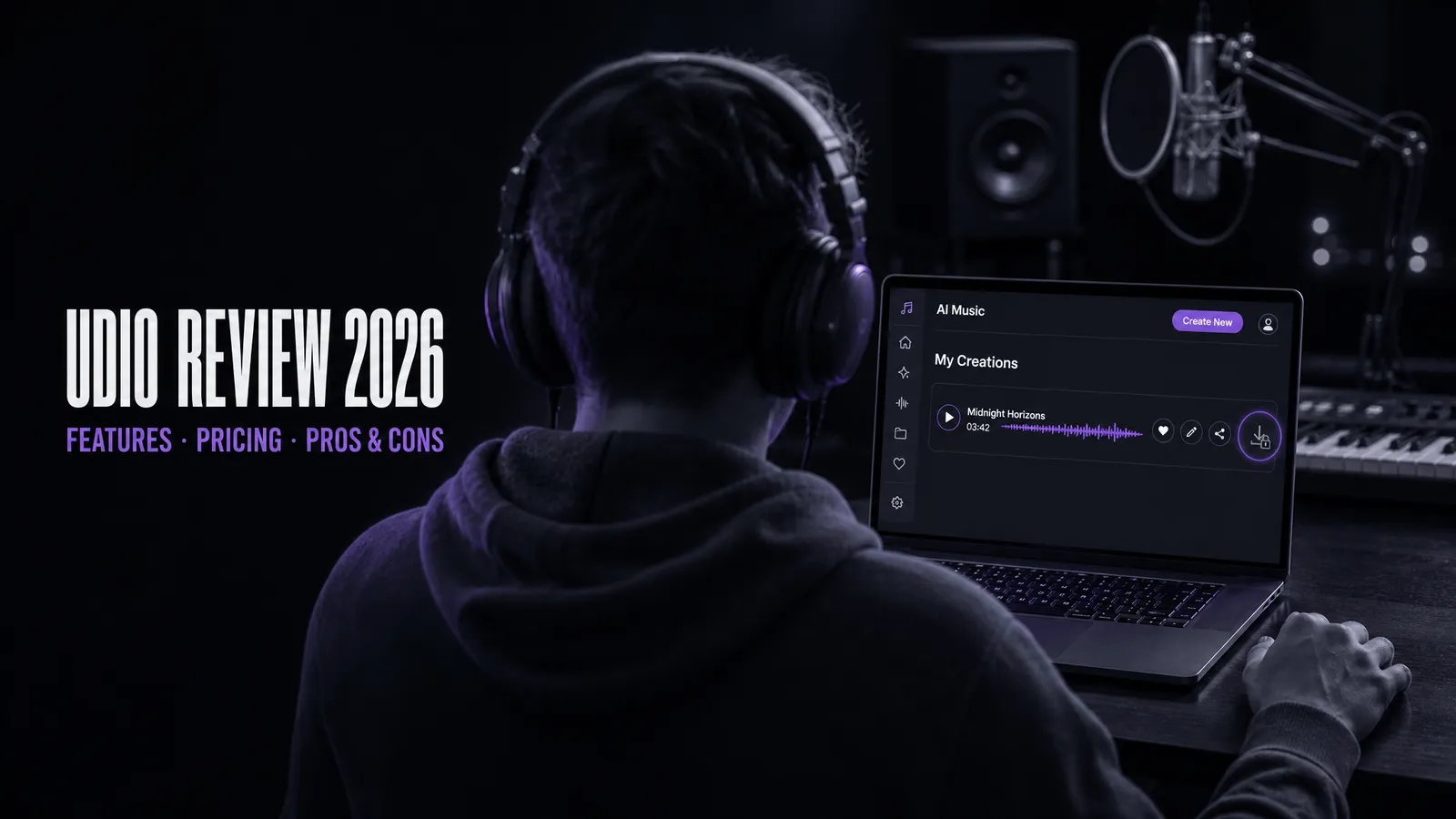 A music creator seen from behind in studio headphones at a laptop running an AI music app, with the download control greyed out and locked