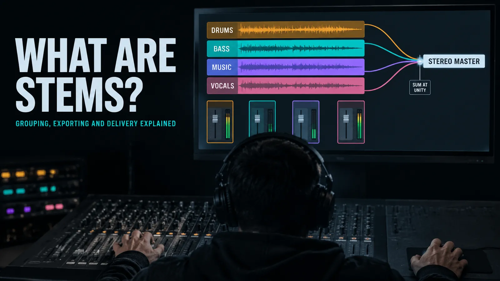 A producer at a mixing console watching four colour-coded group tracks labelled drums, bass, music and vocals feed into a single stereo master output