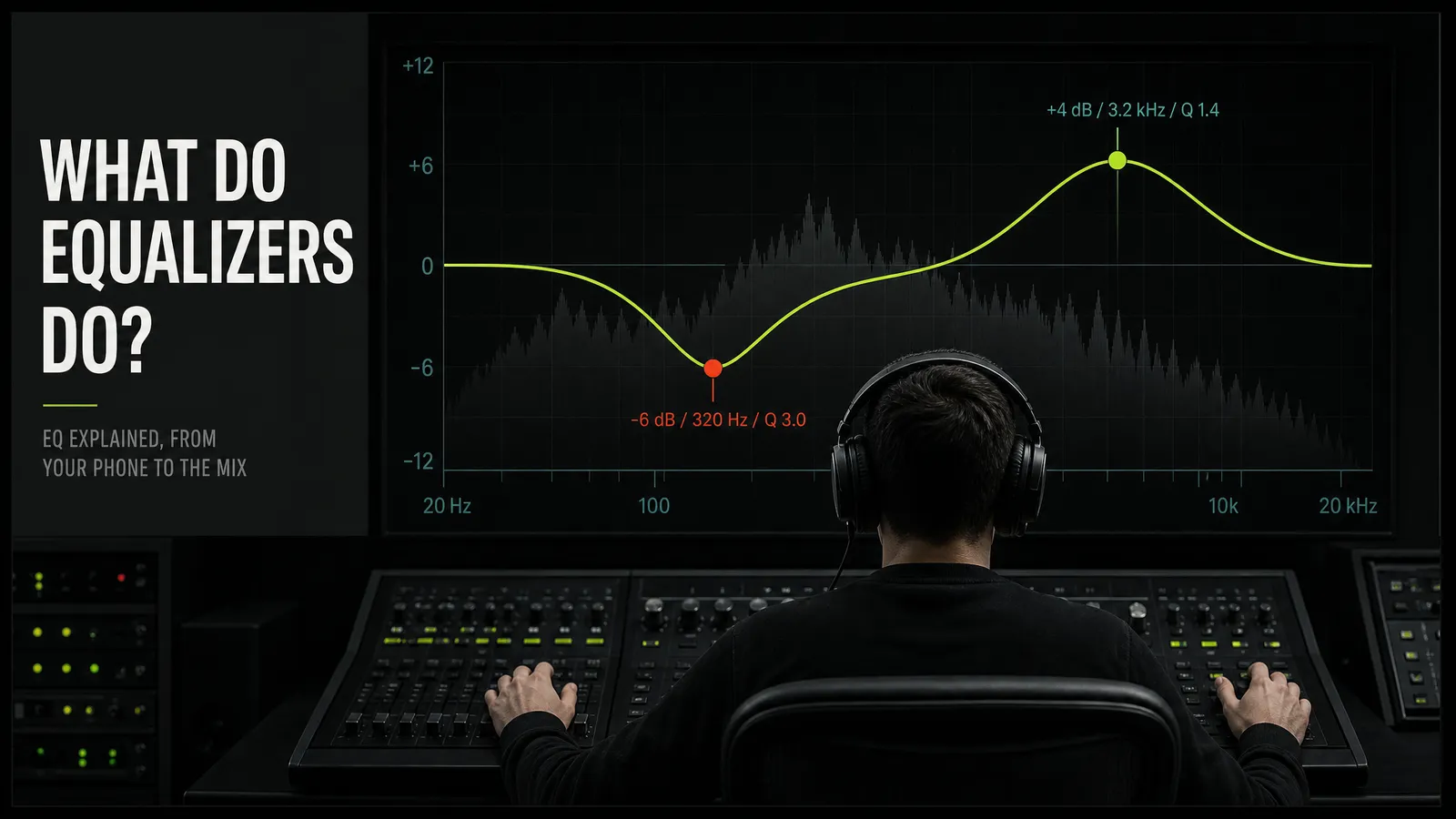 A producer at a console working on a parametric EQ curve, with one boosted peak and one cut notch visible across the frequency range on screen