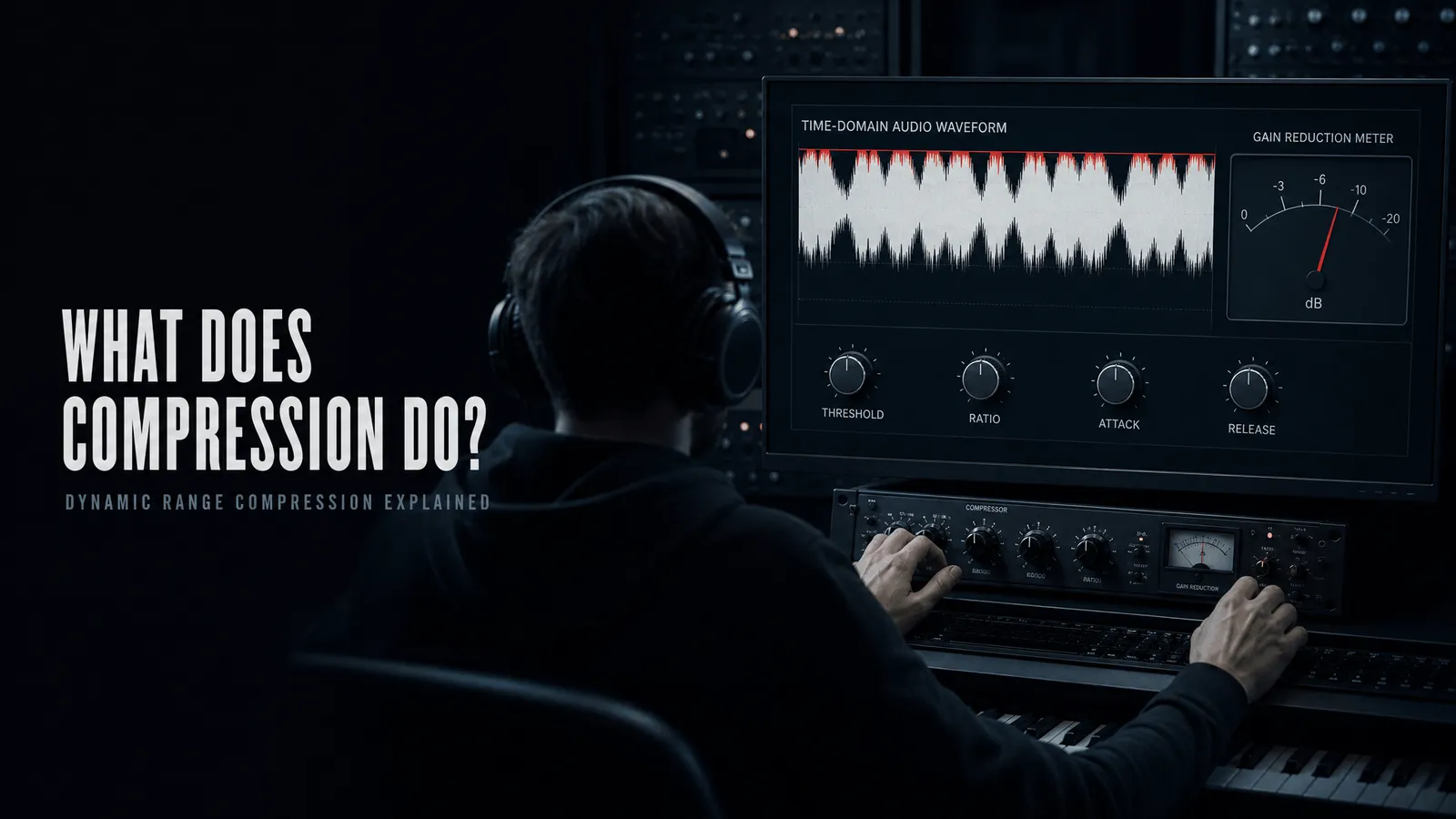 A producer at a console working on a compressor, with a waveform whose peaks have been flattened on screen and a gain reduction meter reading below zero