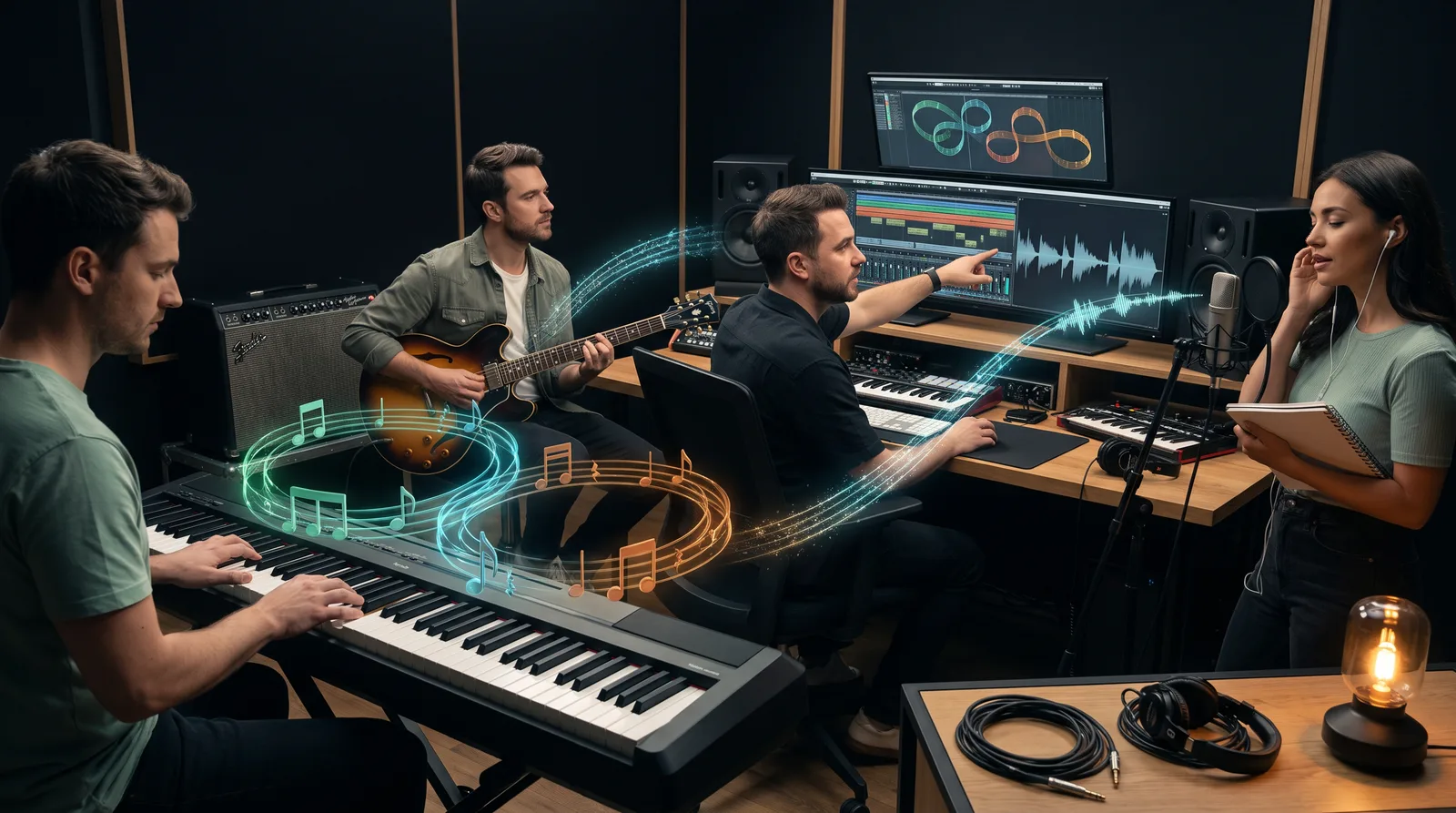 A songwriting team developing a chord progression together with piano, guitar, vocals, and music production software