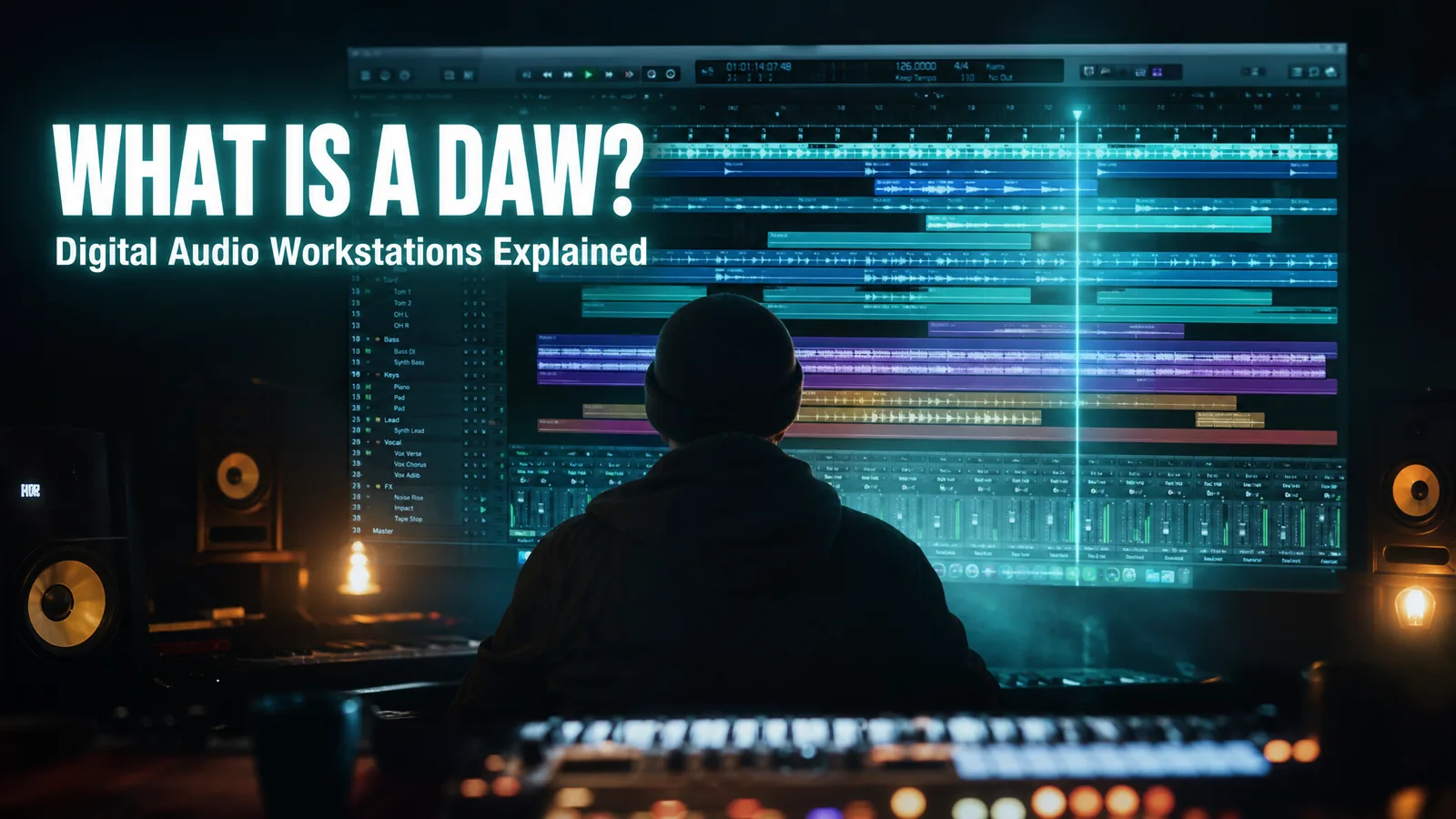 A music producer working at a computer running a digital audio workstation, with stacked coloured tracks, a mixing console, and a MIDI keyboard in the studio