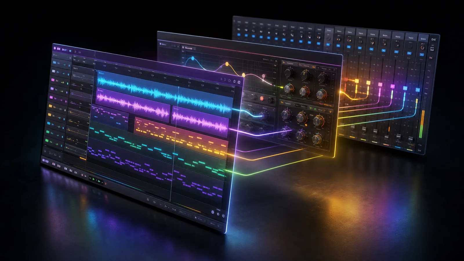 The anatomy of a digital audio workstation window, showing stacked audio and MIDI tracks on a timeline, a transport bar, an effects chain, and a mixer with faders