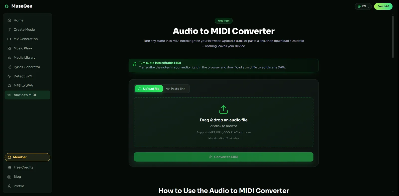 The MuseGen audio-to-MIDI converter turning an uploaded audio file into downloadable MIDI notes
