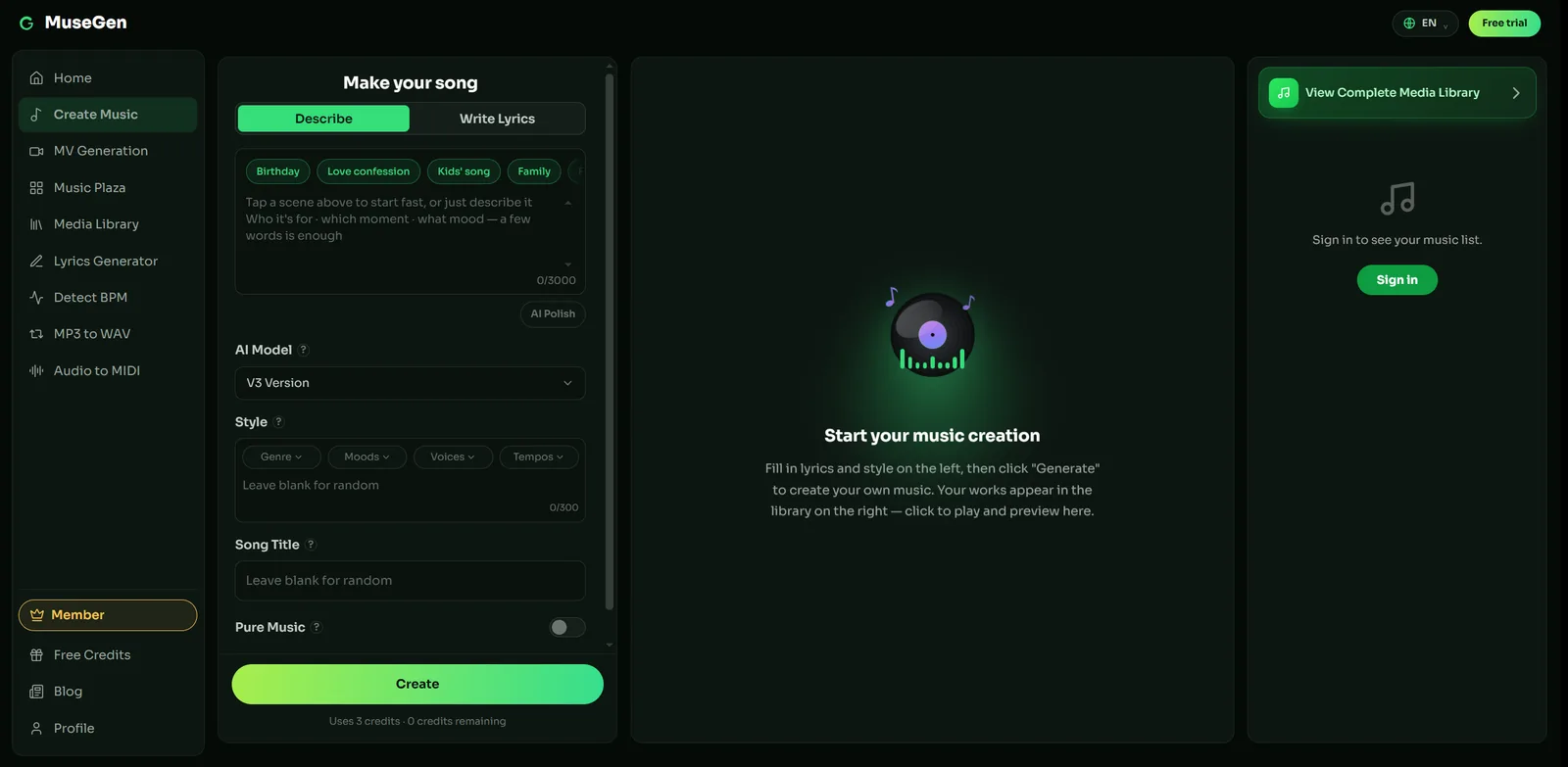 The MuseGen AI Song Maker turning a written idea into a complete song