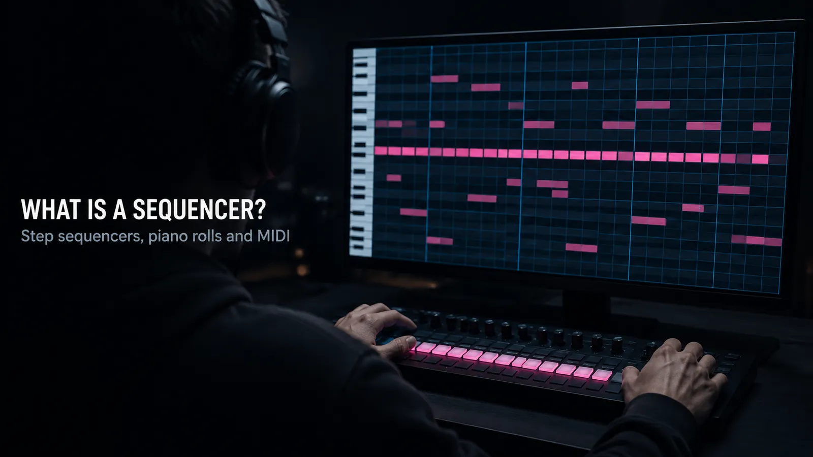 A producer seen from behind at a hardware sequencer with a lit row of step buttons, a piano roll grid of note blocks on the monitor in front of them