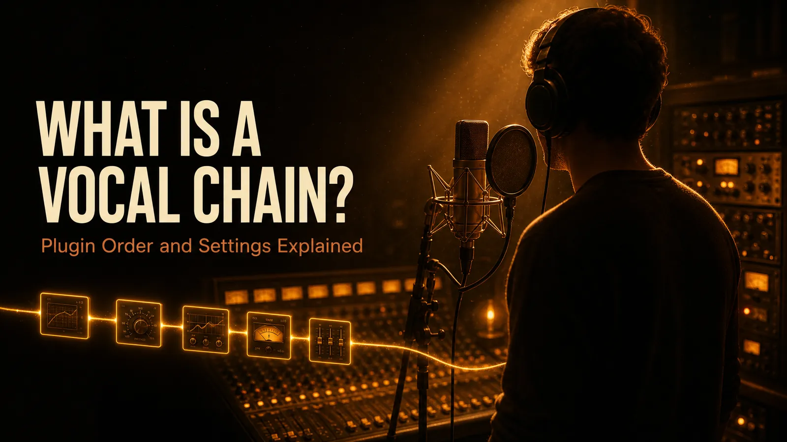 A singer in headphones facing a studio microphone, with a glowing chain of processor panels running across the mixing console in front of them