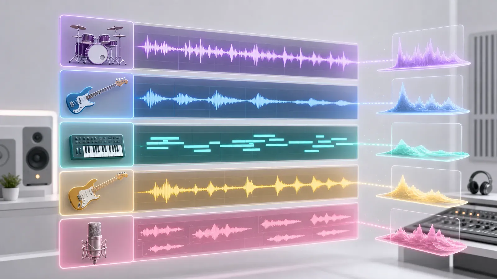 Five instrument layers in an arrangement - drums, bass, synth, guitar and vocal - each stacked as a separate track with its own waveform and frequency band so the parts stay out of each other's way