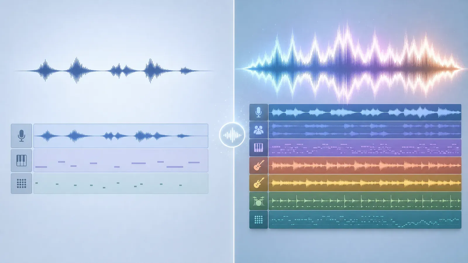 A sparse two-track loop on the left with just a mic and a few instruments, next to a dense, fully arranged multi-track song on the right with layered coloured tracks - the same idea before and after arrangement