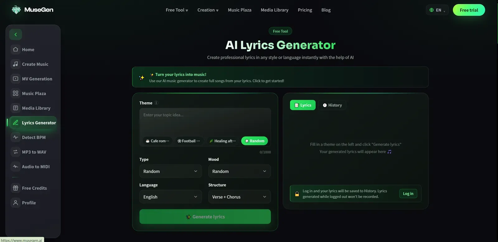MuseGen AI Lyrics Generator writing a structured lyric with labelled verse, pre-chorus, and chorus sections to lock in a song's arrangement