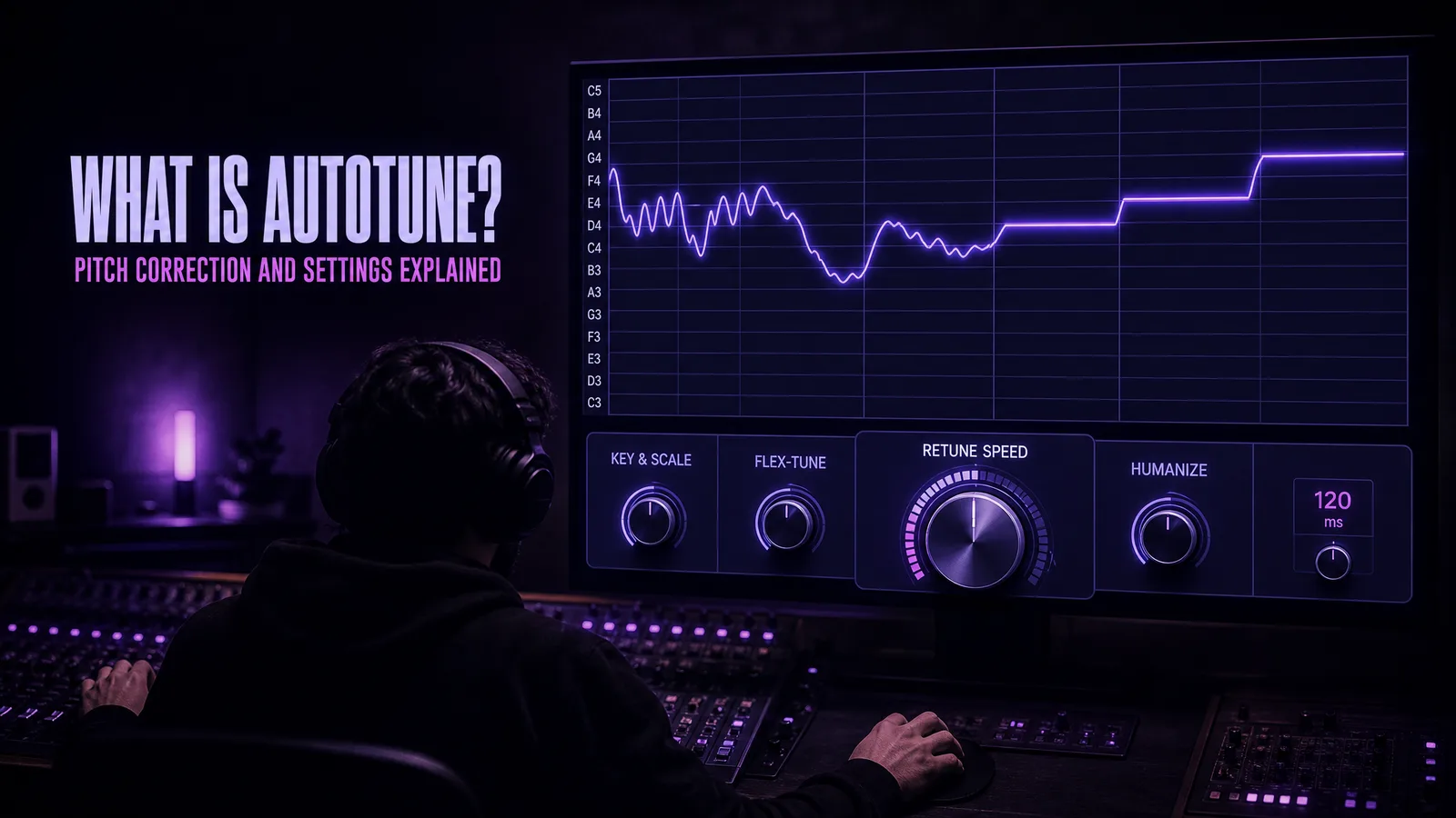 A producer at a mixing console watching a sung pitch curve on screen get pulled onto a grid of musical notes, with retune speed and scale controls below it
