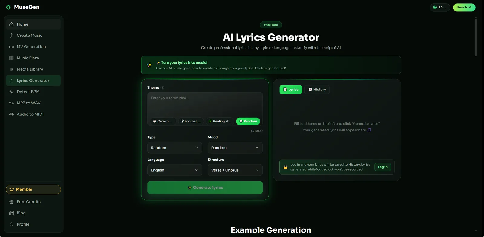 The MuseGen lyrics generator drafting structured song lyrics with verse and chorus sections