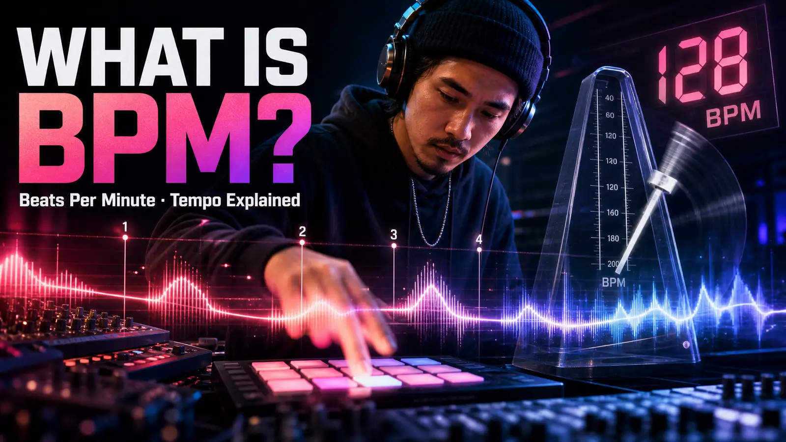 A music creator tapping out a tempo at a laptop while a metronome and a beats-per-minute counter show the speed of the track they are building
