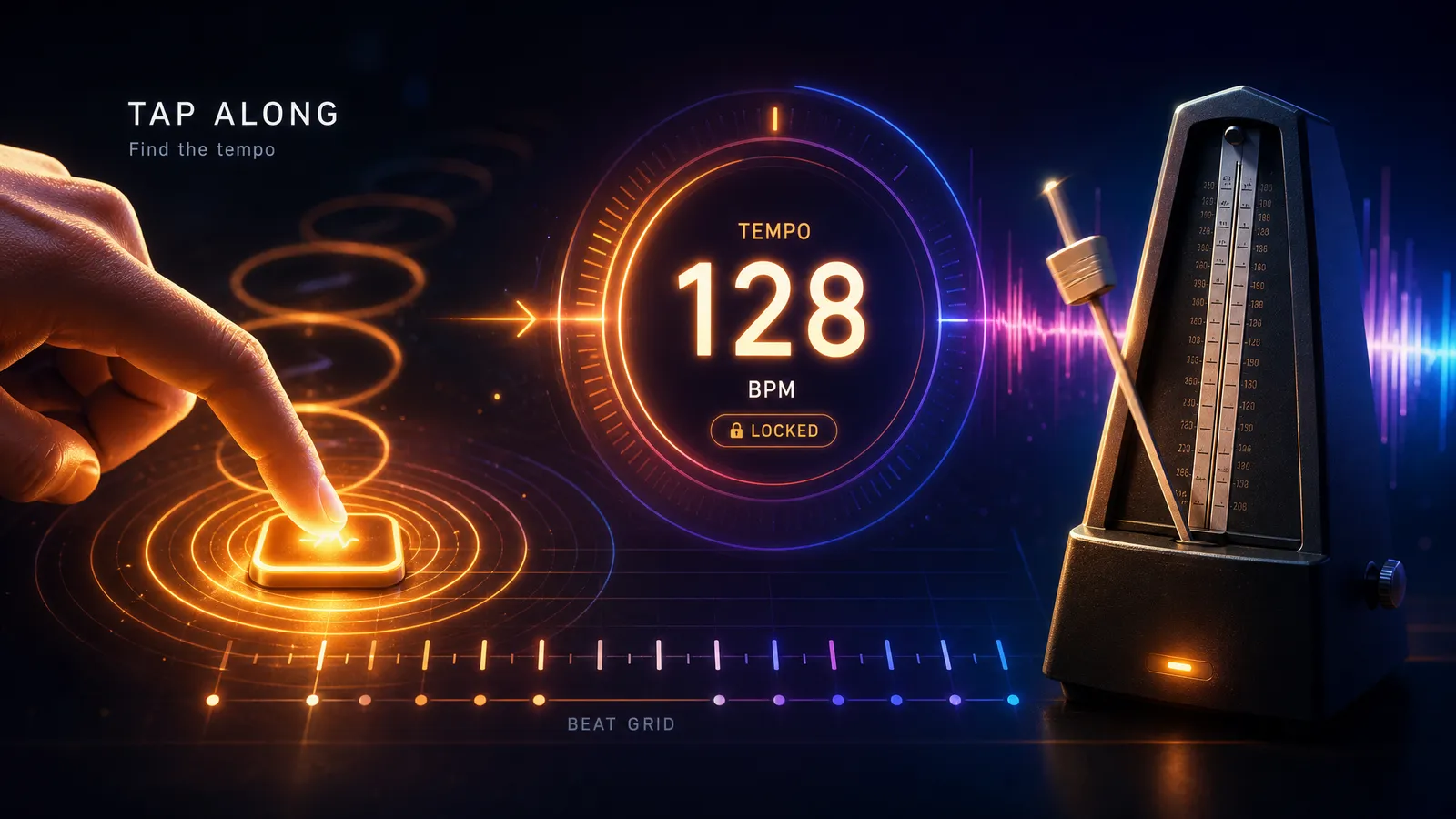 A hand tapping a key in time with a waveform while a counter settles on a beats-per-minute reading, showing how tap-tempo and automatic detection find a song speed