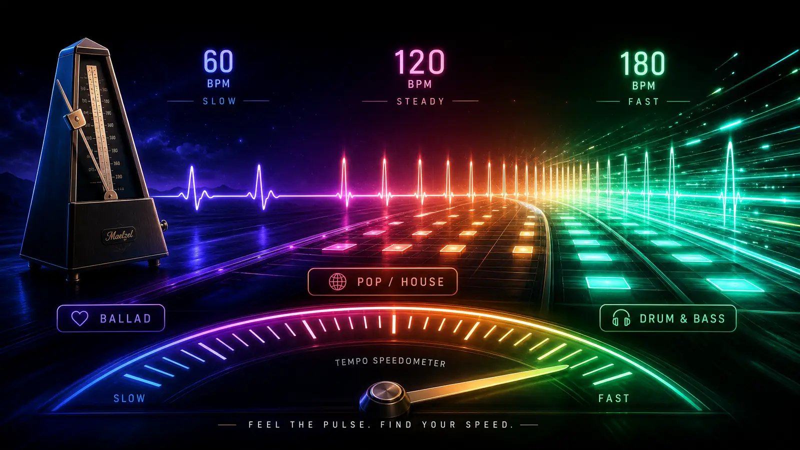 A horizontal tempo scale running from slow ballads near 60 BPM through pop and house in the middle to drum and bass near 180 BPM, with each genre marked along the line