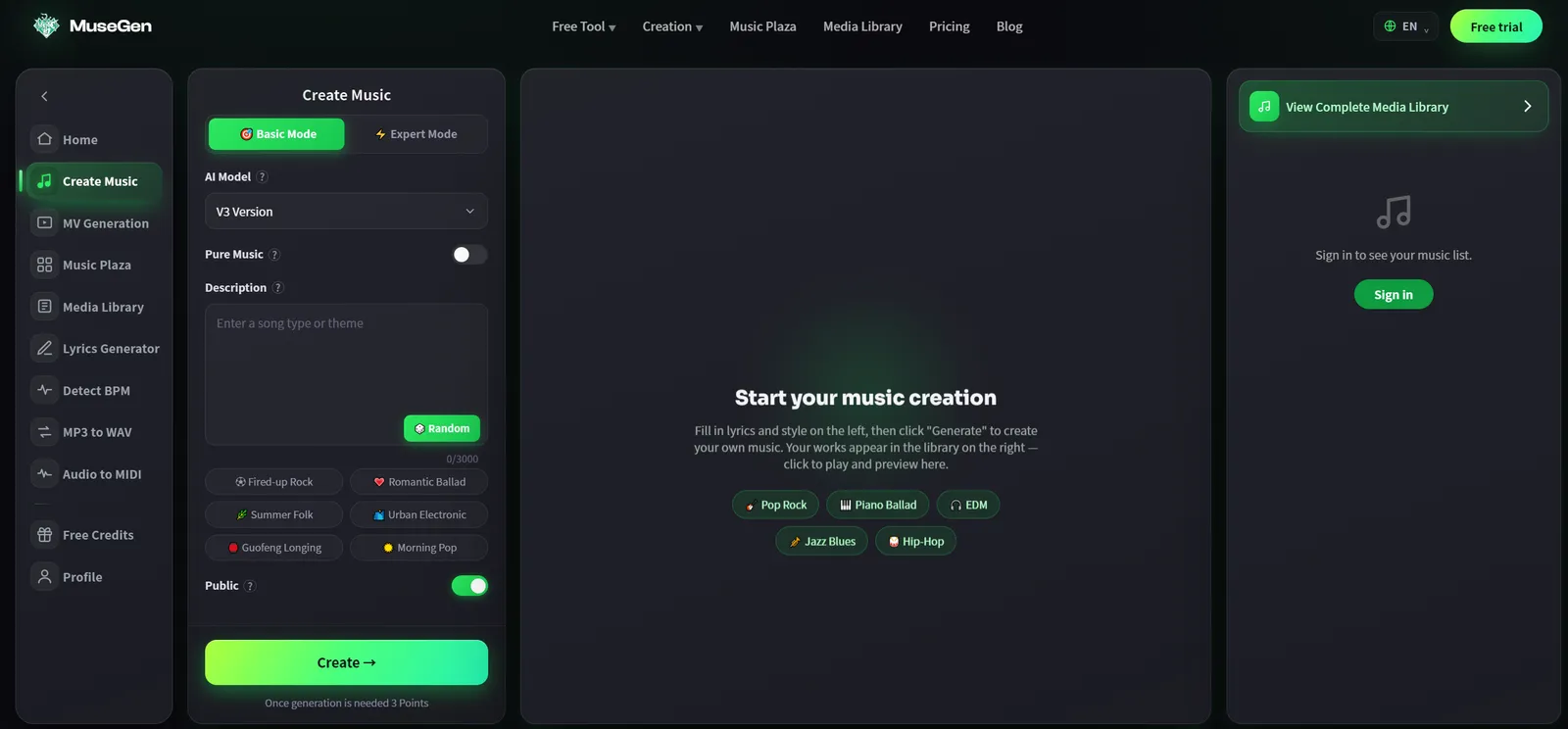 The MuseGen AI Song Maker turning a written idea into a finished song
