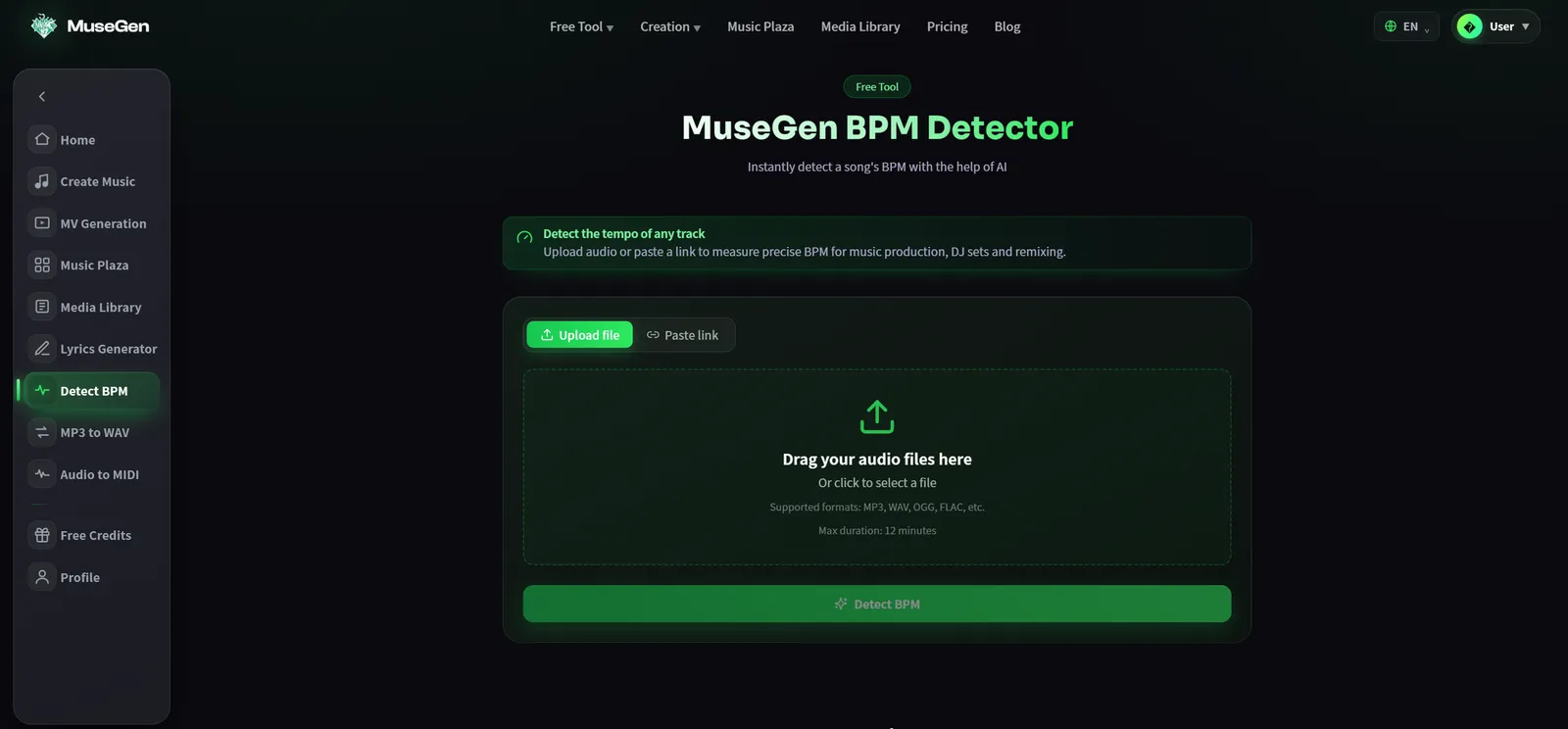 The MuseGen BPM detection tool reading a track's tempo from its uploaded audio