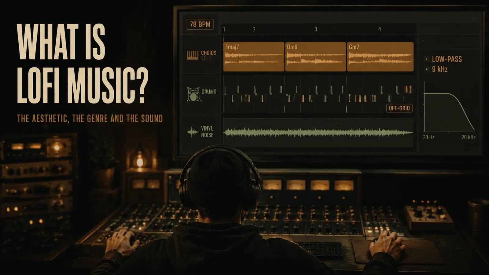 A producer at a console working on a short lofi loop, with jazz chords, off-grid drum hits and a vinyl noise track visible on screen