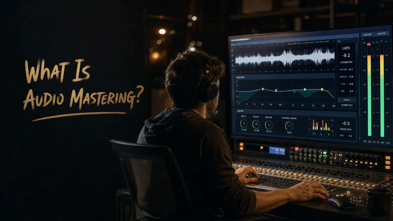 A multi-track mix funnelling through a mastering stage into a single polished stereo waveform beside a loudness meter, showing the final step before a song is released
