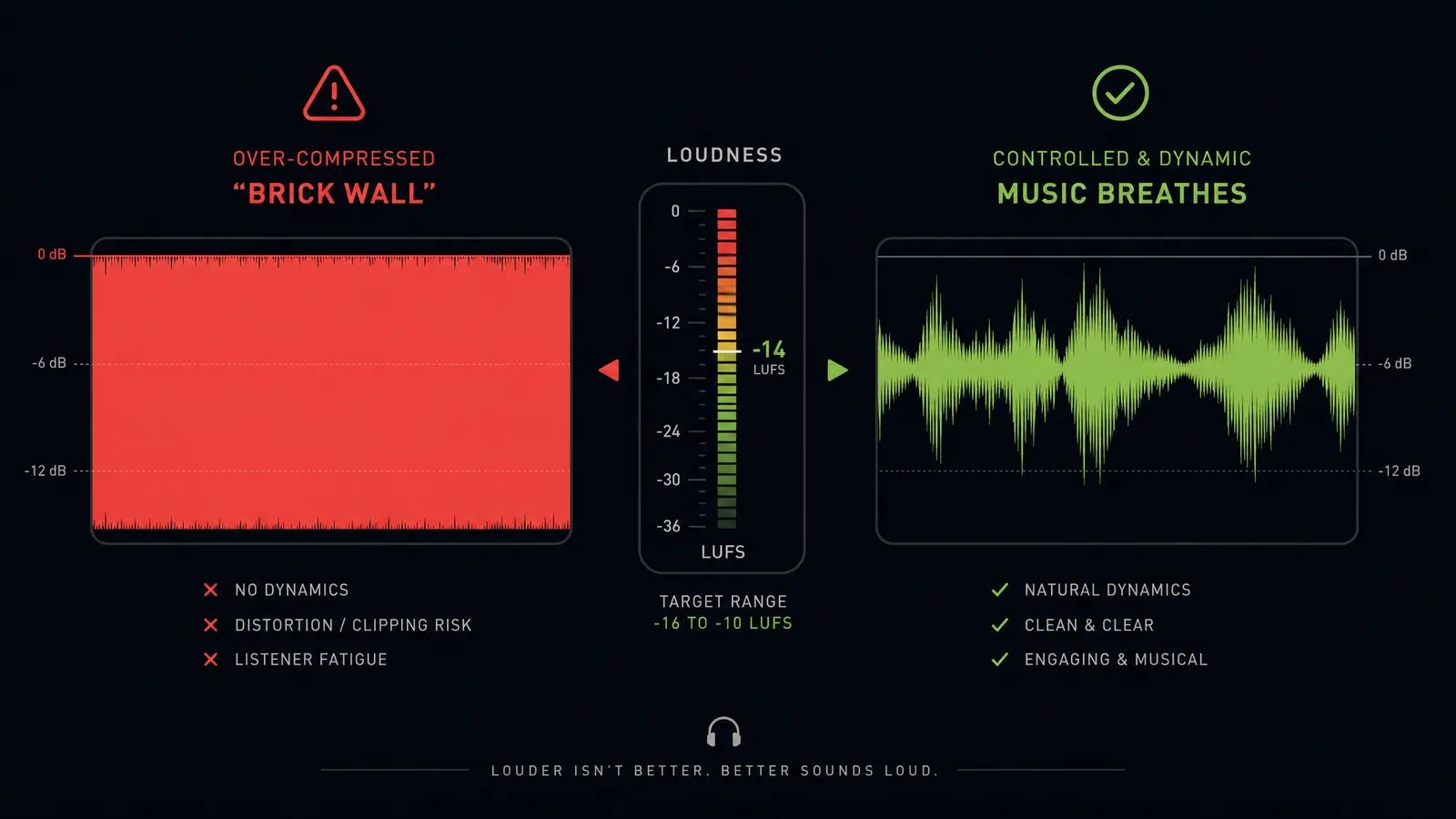 A loudness meter comparing an over-compressed master pushed too loud against a controlled master sitting near minus fourteen LUFS with true-peak headroom, next to the streaming targets for major platforms
