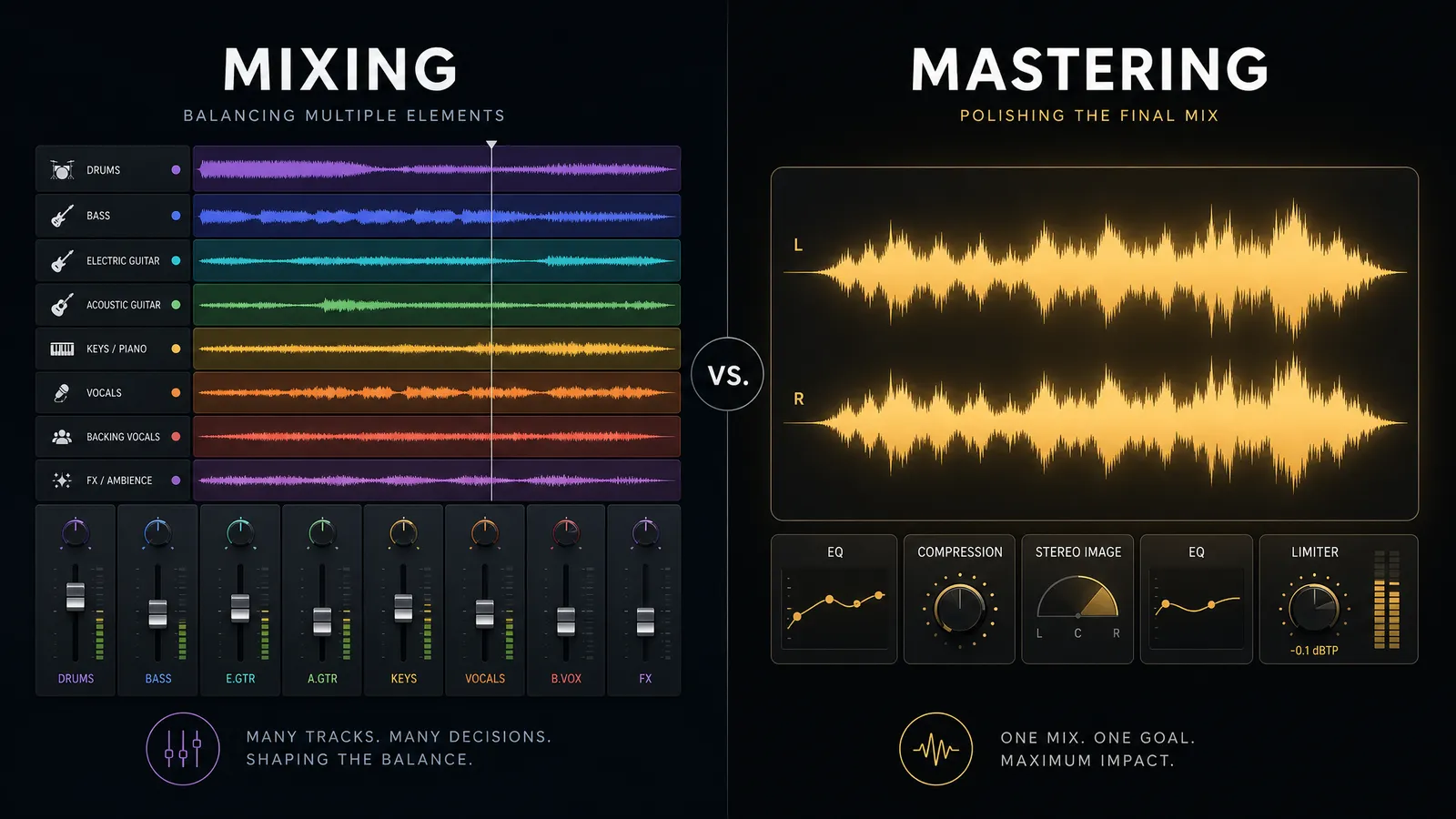 On the left, many separate instrument and vocal tracks being balanced during mixing; on the right, a single stereo file being polished during mastering before release