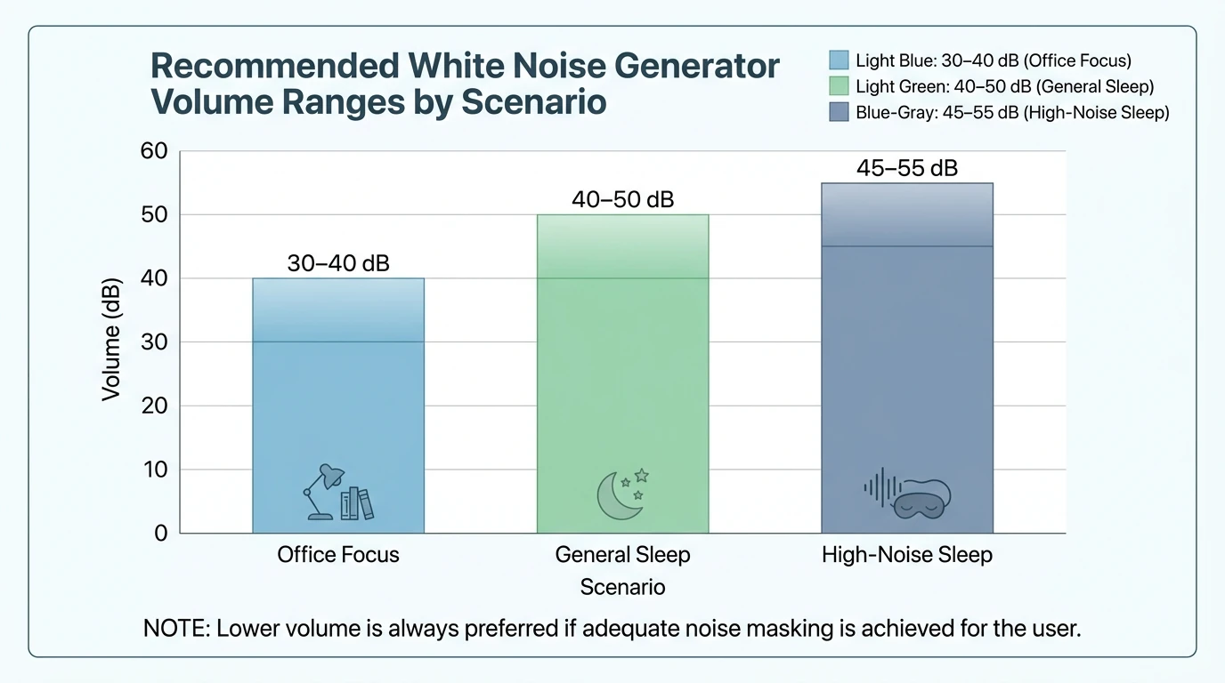 Bar chart showing recommended white noise gen volume ranges by scenario